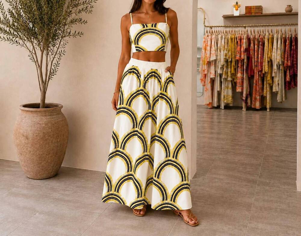 NEW MYSTERY RESORT golden horizon maxi skirt set in black yellow